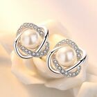 Crystal Pearl Twist Stud Earrings 925 Sterling Silver Jewellery Women Gift Uk