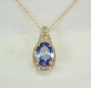 2Ct Oval Lab Created Blue Tanzanite Diamond Halo Necklace 14K Yellow Gold Finish - Picture 1 of 2