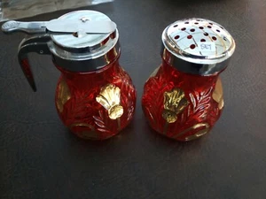 Vintage Crystal/cut glass sugar and creamer Red/Gold Thistle Pattern - Picture 1 of 6