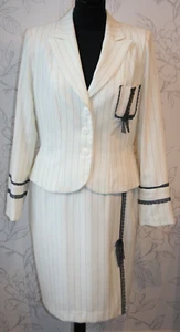 ANGEL NINA PARIS Skirt-Suit/2p. Ivory White Grey Pinstripe Lace Slit Bows Jacket - Picture 1 of 12