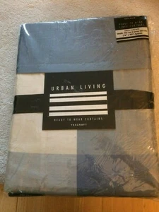 BLUE-CREAM LARGE CHECK CURTAINS LINED NEW IN ORIGINAL PACKAGING WITH TIE BACKS - Picture 1 of 9