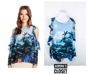 Tracy Reese M Blue Silk Tropical Top L/S Cold Ruffle Shoulder Nautical Beach NWT - Picture 1 of 4