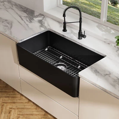 Eridanus 33'' Farmhouse Apron Fireclay Kitchen Sink w/ Grid and Strainer - Black - Image 1 of 4