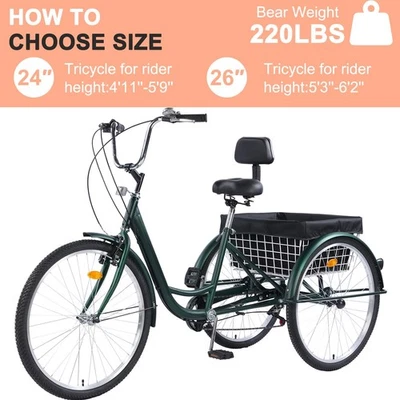 Triciclo Triciclo Adulto 7 Velocidades 24 pulgadas Bicicleta 3 Ruedas con Cesta Grande para Senior Foto 1 de 4