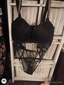 Victoria's Secret One Piece Chain Straps Padded Teddy Lace Bodysuit Black XL NWT - Picture 1 of 8