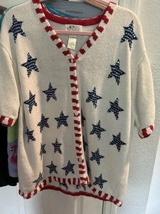 Quacker Factory Patriotic Cardigan 1X Patriotic Embroidered Roll Hems NEW - Picture 1 of 5