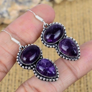 Amethyst Gemstone Jewelry Handmade 925 Solid Silver Earring Jewelry Women Gift - Picture 1 of 4