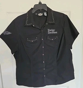 Womens Black Harley Davidson Shirt Short Sleeve Button Up Biker Embroidered 1W - Picture 1 of 7