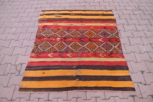 Tribal Turkish Kelim 4x5 Handmade Vintage Carpet Ethnic Red Striped Small Carpet - Bild 1 von 15