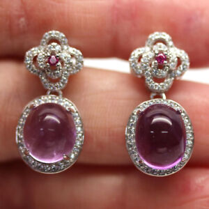 NATURAL 8 X 11 mm. PURPLE AMETHYST & PINK, WHITE CZ 925 SILVER EARRINGS 