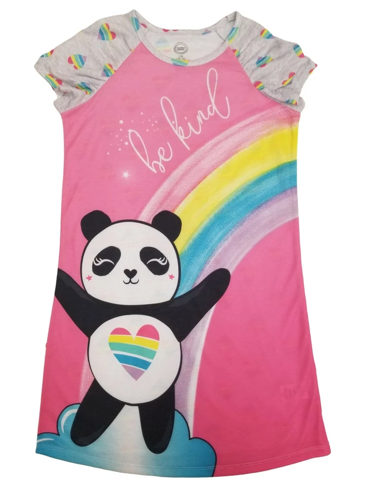 Girls Rainbow Pink Be Kind Happy Smiley Baby Panda Sleep Shirt Nightgown - Image 1 of 1