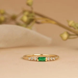 0.21 Ct Emerald & Lab Grown Diamond Bezel Ring 10k Solid Yellow Gold - Picture 1 of 5