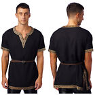 Mens Medieval Top Viking Tunic Short Sleeve Retro Pattern Trims Robe With Belt