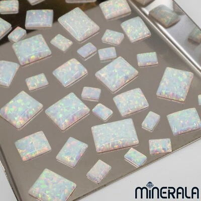 WHITE SYNTHETIC LAB CREATED OPAL RECTANGLE SHAPE CABOCHON 3x5mm-10x14mm WP02718 - Image 1 of 2
