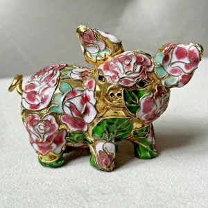 Cloisonné Grumpy Face Pig Figurine Paperweight Pink Roses Enamel Gold Curly Tail - Picture 1 of 7