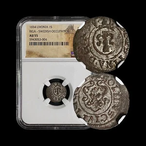 LIVONIA. 1654, 1 Solidus, Silver - NGC AU55 - Christina, Sweden, Riga, Keys - Picture 1 of 5