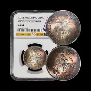 SAN MARINO. 1975, 500 Lire, Silver - NGC MS67 - St Marinus, Stonemason 🌈 Toned - Picture 1 of 9