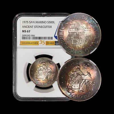 SAN MARINO. 1975, 500 Lire, Silver - NGC MS67 - St Marinus, Stonemason 🌈 Toned - Image 1 of 4