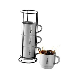 Stackable Coffee Mug Set with Rack - 15 Ounce Porcelain Coffee Mugs for Gray - Picture 1 of 7