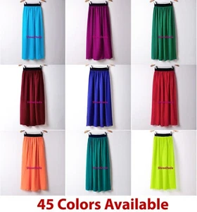 Women Maxi Skirt Chiffon Pleated Layer Retro Hot Long Dress Elastic Waist Lining - Picture 1 of 43