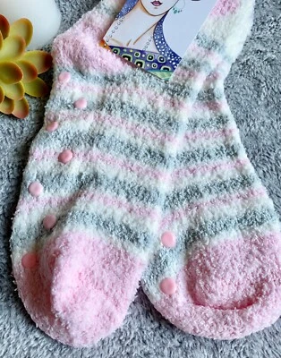 New Women’s Pink Gray White Stripes & Heart No-Slip Fuzzy Socks - Image 1 of 4