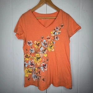 Eddie Bauer Orange Floral Vneck Tshirt Womens MED Tropical Hibiscus Short Sleeve - Picture 1 of 7
