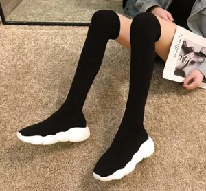 Tejido de punto para mujer muslo alto sobre la rodilla Botas tirar en zapatillas oxfords zapatos - Imagen 1 de 4