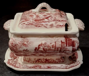 Vintage Trimont Ware Castle Transferware Suppenterrine rot mit Deckel & Unterteller *LESEN - Bild 1 von 24