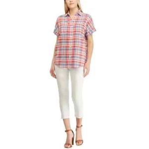 NEW Chaps Women Oversize Linen Cotton Plaid Camp Blouse Shirt Short Sleeve L NWT - Picture 1 of 2