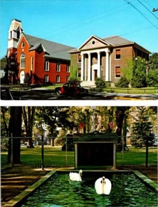 2 ~ Postkarten Swanton, VT Vermont ME CHURCH ~ BIBLIOTHEK & STADTPARK SCHWÄNE Sam & Betty - Bild 1 von 5