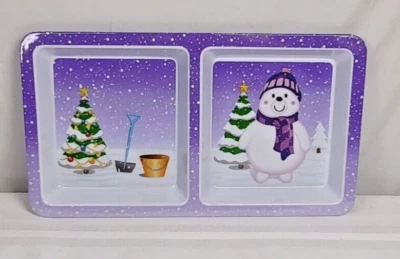 Christmas Melamine Divided Tray 2 Section Serving Dish 13.5" Purple Snowman Tree — 第 1/4 张图片