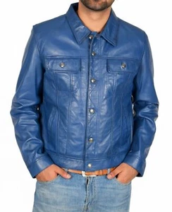 Hombre Genuino Cuero Piel Cordero Camisa Motero Suave Elegante Azul Moto Camisa - Imagen 1 de 4