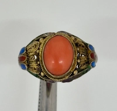 ANILLO Filigrana Lavado Dorado Esmalte PIEL DE ÁNGEL CORAL Ajustable PLATA ESTERLINA De Colección Foto 1 de 4