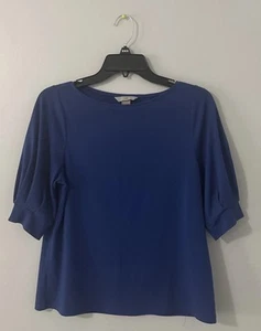 H&M Creped Jersey Blouse Top Size S Dark Blue Boat Neck Pleated Short Sleeve - Picture 1 of 5
