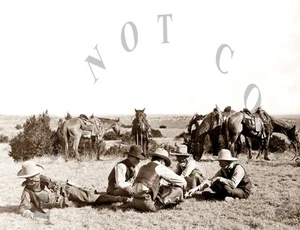 ANTIQUE REPRODUCTION 8X10 PHOTOGRAPH COWBOYS TAKING A WELL DESERVED BREAK - Picture 1 of 1