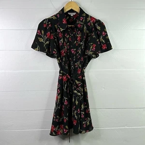 NANETTE LEPORE Black Red Pink Floral Button Up Short Sleeve Knee Length Dress 2 - Picture 1 of 9
