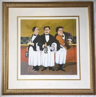 Guy Buffet Three Waiters Original Signed Limited Edition Lithograph Frame 30×30" - Image 1 of 4