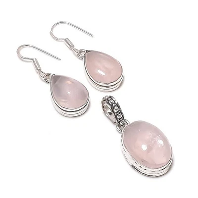 Rosenquarz Edelstein Anhänger Ohrring Handarbeit Statement Vintage Schmuck... - Bild 1 von 4