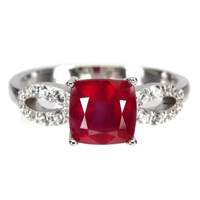 925 Sterling Silver Ring Cushion Cut Ruby 7mm Simulated Zirconia Gemstone... - Image 1 of 4