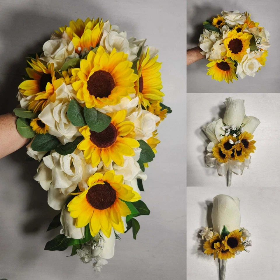 Ivory Rose Sunflower Bridal Wedding Bouquet Accessories - Image 1 of 4