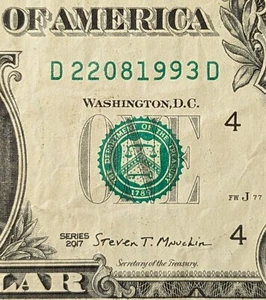 2017 1 $ Schein ausgefallene Seriennummer, Geburtstag Datum Note 22081993 22. August 1993 - Bild 1 von 3