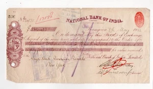 1922 National Bank of India Bankers Check Document - Picture 1 of 2