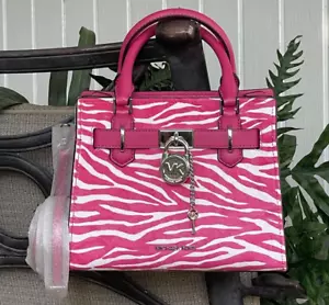 MICHAEL KORS HAMILTON SMALL SATCHEL KEY LOCK CROSSBODY BAG ZEBRA PINK LEATHER - Picture 1 of 11