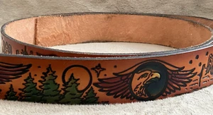 Vtg TOOLED LEATHER BELT Wolf Wolves Forest with Full Moon No Buckle or Holes 50" - Picture 1 of 7