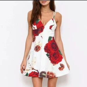 NWT Akira White And Red Floral Flared Sexy Spaghetti Deep Plunge Dress M - Picture 1 of 6
