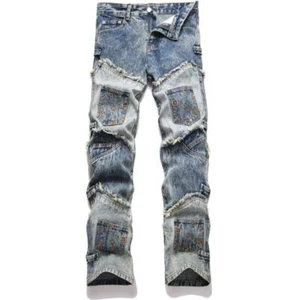 Pantalones de mezclilla para hombre azules bolsillos de pierna recta punk hip hop pantalones informales - Imagen 1 de 5