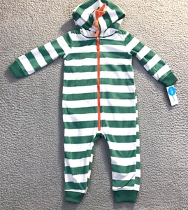 Carters Baby Boy Green Stripe Dino Hooded Fleece Jumpsuit Coverall Outfit 18m - Picture 1 of 4