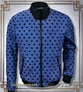 Dolce&Gabbana D&G Men's Blue Embroidered Dot Bomber Jacket Nylon Leather Puffer - Picture 1 of 5