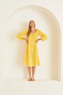 NATALIE MARTIN Boho Mesa Tiered Belt Ruffle Silk Peasant Dress S Bamboo Sun $230 - Image 1 of 4