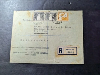 1946 Registrado Palestina Cubierta Jerusalén a Haifa Checoslovaquia Consulado Foto 1 de 2